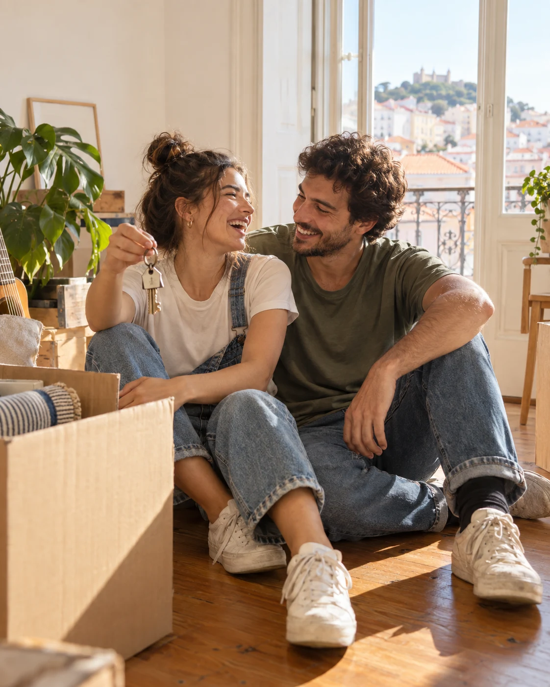 Casal a celebrar a mudança para a sua casa, sentado junto de caixas numa sala luminosa